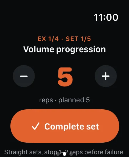 Watch set screen: log 5 reps with the Digital Crown and tap Complete set.